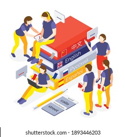 Language courses isometric composition with learning spanish english russian chinese online with electronic textbooks support vector illustration