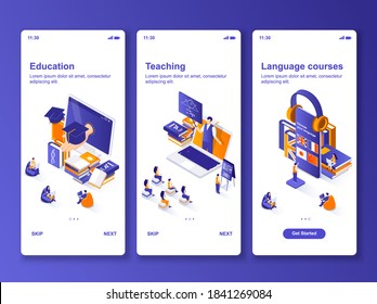 Language courses isometric GUI design kit. Distance education, online teaching templates for mobile app. E-learning platform UI UX onboarding screens. Vector illustration with tiny people characters.