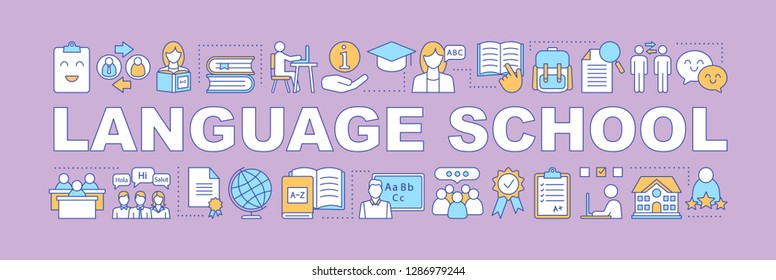 Language courses for kids word concepts banner. Presentation. Isolated lettering typography idea with linear icons. Foreign language classes. Vector outline illustration