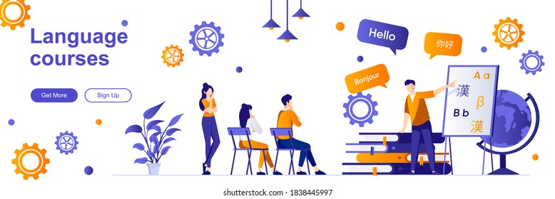 Language courses landing page with people characters. Teaching service web banner. E-learning platform, distance education vector illustration. Flat concept great for social media promotional material