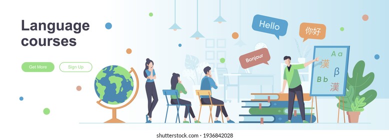 Página de inicio de cursos de idiomas con personajes de personas. Banner web del servicio de enseñanza. Plataforma de e-learning, ilustración vectorial de educación a distancia. Concepto plano ideal para material promocional en medios sociales