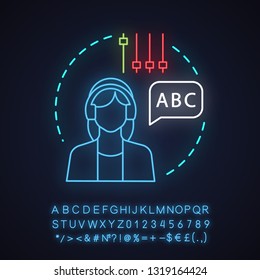 Language courses neon light concept icon. Listening idea. Audio books. Foreign language learning. Glowing sign with alphabet, numbers and symbols. Vector isolated illustration