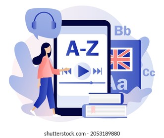 Language courses or school online. Distance education. Tiny girl learning English with smartphone and book. Modern flat cartoon style. Vector illustration on white background