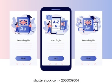 Language courses or school online. Tiny people learning English with smartphone app. Distance education. Screen template for mobile, smartphone app. Modern flat cartoon style. Vector illustration
