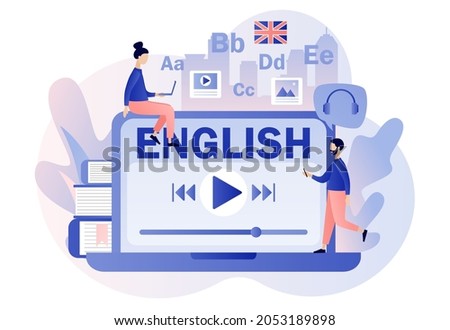 Language courses or school online. Tiny people learning English with laptop and books. Distance education. Modern flat cartoon style. Vector illustration on white background