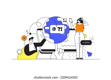 Language courses web concept in flat outline design with characters. Man and woman students learning foreign language with tutor, studying at online platform, people scene. Vector illustration.