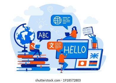 Language courses web design with people characters. Students learning foreign languages scene. Online education composition in flat style. Vector illustration for social media promotional materials.