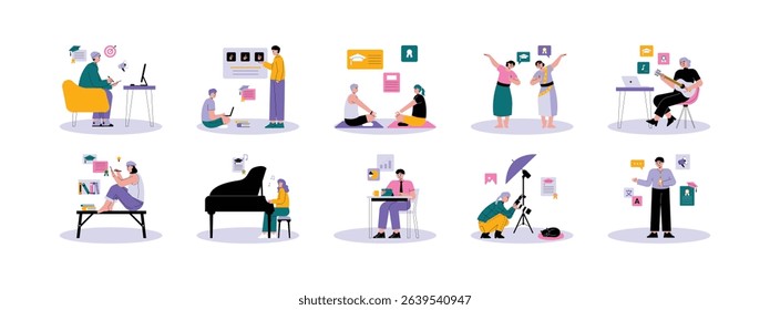 Language and culture courses online and with experts, vector illustration.