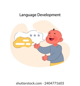 Language Development concept. A cheerful baby engages in early speech, symbolized by abstract speech bubbles, indicating the beginnings of language acquisition. Flat vector illustration.