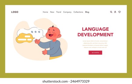 Language Development concept. A cheerful baby engages in early speech, symbolized by abstract speech bubbles, indicating the beginnings of language acquisition. Flat vector illustration.