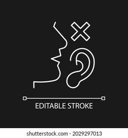 Sprachbehinderte weiße lineare Ikone für dunkles Thema. Physiologische Kommunikationshindernisse. Dünne, anpassbare Illustration. Einziges Vektorkontursymbol für den Nachtmodus. Bearbeitbarer Hub