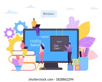 Educación lingüística en línea, curso en ilustración de vectores de computadora. Conocimiento de Internet para el carácter estudiantil, tecnología de estudio. Comunicación en inglés en la escuela en pantalla, diseño de entrenamiento.