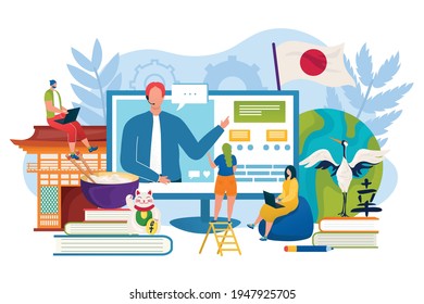 Language education online, learn japanese at internet school, vector illustration. Student man woman character learn how to speak distance technology