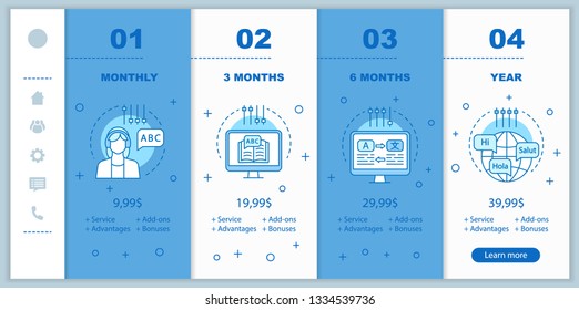 Language e-learning subscription onboarding mobile app screens with service prices. Walkthrough website pages templates. Foreign language courses tariff plans steps. Smartphone payment web page layout