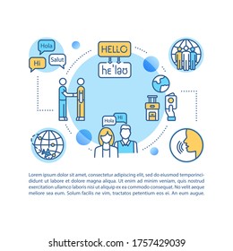 Language exchange concept icon with text. International traveling. Multilingual communication. PPT page vector template. Brochure, magazine, booklet design element with linear illustrations