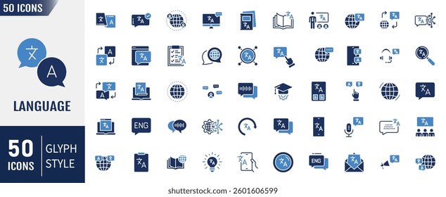 Language flat icon set. Containing as communication, translate, speech, writing, speaking, dictionary, text, vocabulary, and more. icons. Vector illustration
