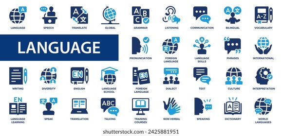 Language flat icons set. Speaking, translate, speak, communication, speech, dialect icons and more signs. Flat icon collection. svg