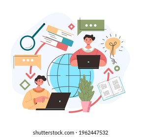 Language foreign translate multilingual online web internet dictionary by laptop computer concept. Vector flat graphic design cartoon midern style illustration