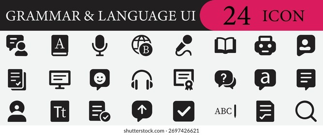 Conjunto de iconos de interfaz de usuario de lenguaje y gramática para App de traducción, educación, comunicación, corrección de pruebas, escritura y aprendizaje. Diseño de Vector editable moderno.
