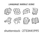 Language hand drawn illustration collection. English subject doodle icon set. Language skills doodle vector elements. Sketches of Speaking, listening, writing, reading, translation, dictionary.