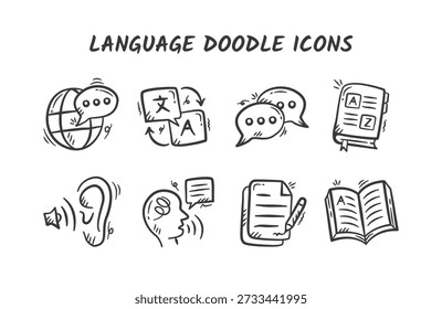 Language hand drawn illustration collection. English subject doodle icon set. Language skills doodle vector elements. Sketches of Speaking, listening, writing, reading, translation, dictionary.
