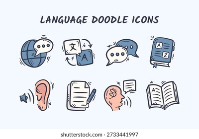 Language hand drawn illustration collection. English subject doodle icon set. Language skills doodle vector elements. Sketches of Speaking, listening, writing, reading, translation, dictionary.