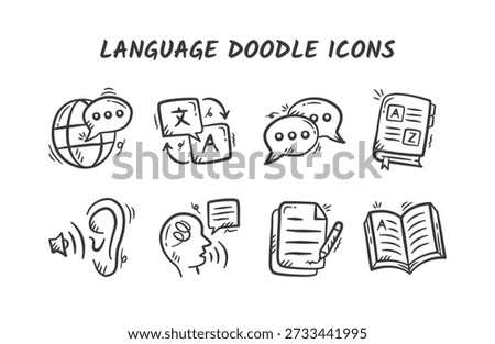 Language hand drawn illustration collection. English subject doodle icon set. Language skills doodle vector elements. Sketches of Speaking, listening, writing, reading, translation, dictionary.
