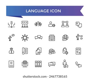 Language icon collection. Related to communication, translate, speech, non-verbal, writing, speaking, dictionary, text, language skills and vocabulary icons .