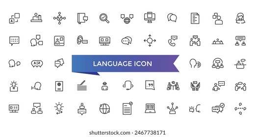 Language icon collection. Related to communication, translate, speech, non-verbal, writing, speaking, dictionary, text, language skills and vocabulary icons .