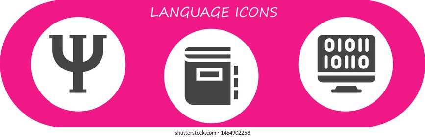 language icon set. 3 filled language icons.  Collection Of - Psi, Dictionary, Binary code
