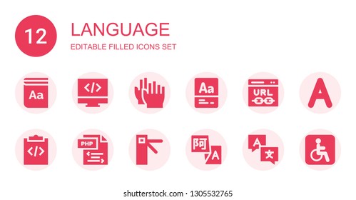 language icon set. Collection of 12 filled language icons included Dictionary, Programming, Clap, Vocabulary, Url, Php, Access, Translation, Language, Disability