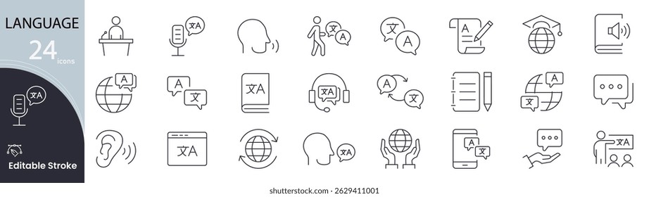 Language icon set. Communication related line icons: speech bubble, translation, dictionary, alphabet, conversation, voice, writing, education, learning and more. Editable stroke.