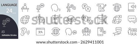 Language icon set. Communication related line icons: speech bubble, translation, dictionary, alphabet, conversation, voice, writing, education, learning and more. Editable stroke.