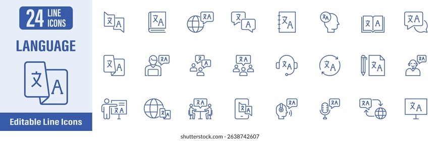 Language icon set. Contains icons as language, translate, dictionary, language skills, translator, speaking and more. Vector illustration.