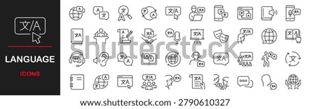 Language icon set. Contains such icons as speech, text, non-verbal, writing, translation, handshake, international business, language, bilingual, communication, dictionary and more