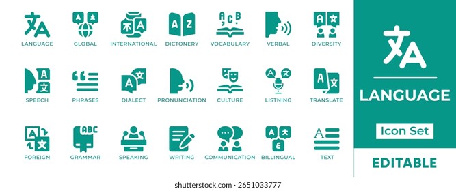Language Icon Set. Includes icons of speech, translation, alphabet, communication, global languages, and linguistics. Perfect for education, apps, and localization tools.