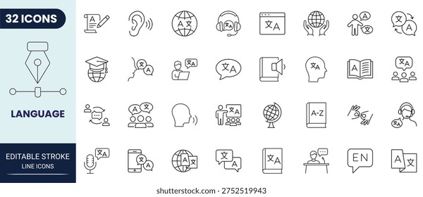 Language icon set in outline style. Modern icon collection. Editable stroke. Vector illustration.