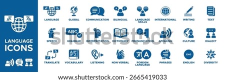 Language icon set. speech, translate, vocabulary, grammar, global, communication, bilingual, listening, non verbal, dictionary, interpretation, language skills, text icons. Solid icon collection.
