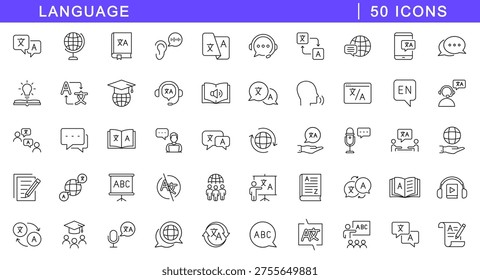 Language icon set. Translation icons in line style. Editable web icons translate, writing, speech, speaking, dictionary, text, language. Vector illustration.
