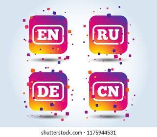 Language icons. EN, DE, RU and CN translation symbols. English, German, Russian and Chinese languages. Colour gradient square buttons. Flat design concept. Vector