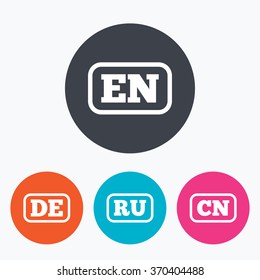 Language icons. EN, DE, RU and CN translation symbols. English, German, Russian and Chinese languages. Circle flat buttons with icon.