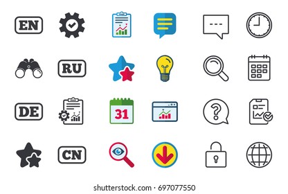 Language icons. EN, DE, RU and CN translation symbols. English, German, Russian and Chinese languages. Chat, Report and Calendar signs. Stars, Statistics and Download icons. Question, Clock and Globe