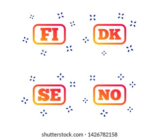 Language icons. FI, DK, SE and NO translation symbols. Finland, Denmark, Sweden and Norwegian languages. Random dynamic shapes. Gradient language icon. Vector