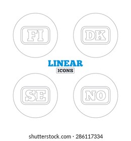 Language icons. FI, DK, SE and NO translation symbols. Finland, Denmark, Sweden and Norwegian languages. Linear outline web icons. Vector