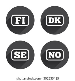 Language icons. FI, DK, SE and NO translation symbols. Finland, Denmark, Sweden and Norwegian languages. Circles buttons with long flat shadow. Vector