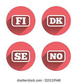 Language icons. FI, DK, SE and NO translation symbols. Finland, Denmark, Sweden and Norwegian languages. Pink circles flat buttons with shadow. Vector