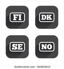 Language icons. FI, DK, SE and NO translation symbols. Finland, Denmark, Sweden and Norwegian languages. Square flat buttons with long shadow.