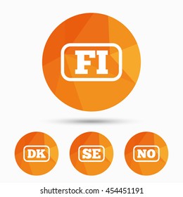 Language icons. FI, DK, SE and NO translation symbols. Finland, Denmark, Sweden and Norwegian languages. Triangular low poly buttons with shadow. Vector