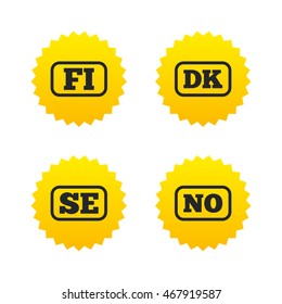 Language icons. FI, DK, SE and NO translation symbols. Finland, Denmark, Sweden and Norwegian languages. Yellow stars labels with flat icons. Vector