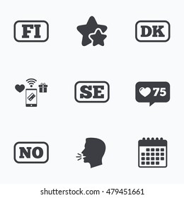 Language icons. FI, DK, SE and NO translation symbols. Finland, Denmark, Sweden and Norwegian languages. Flat talking head, calendar icons. Stars, like counter icons. Vector